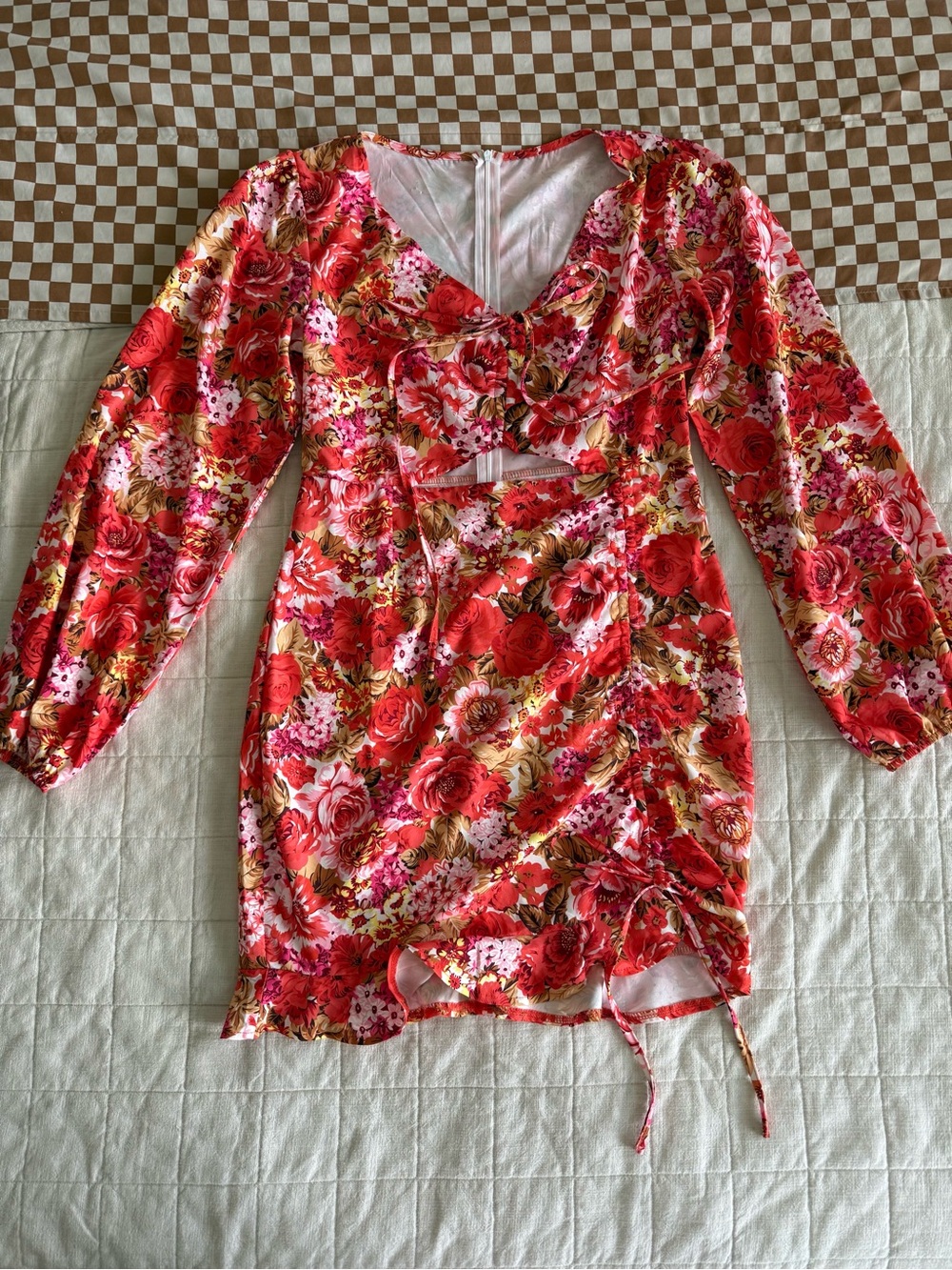 SHEIN Red Pink Floral Tie-Front Mini Dress